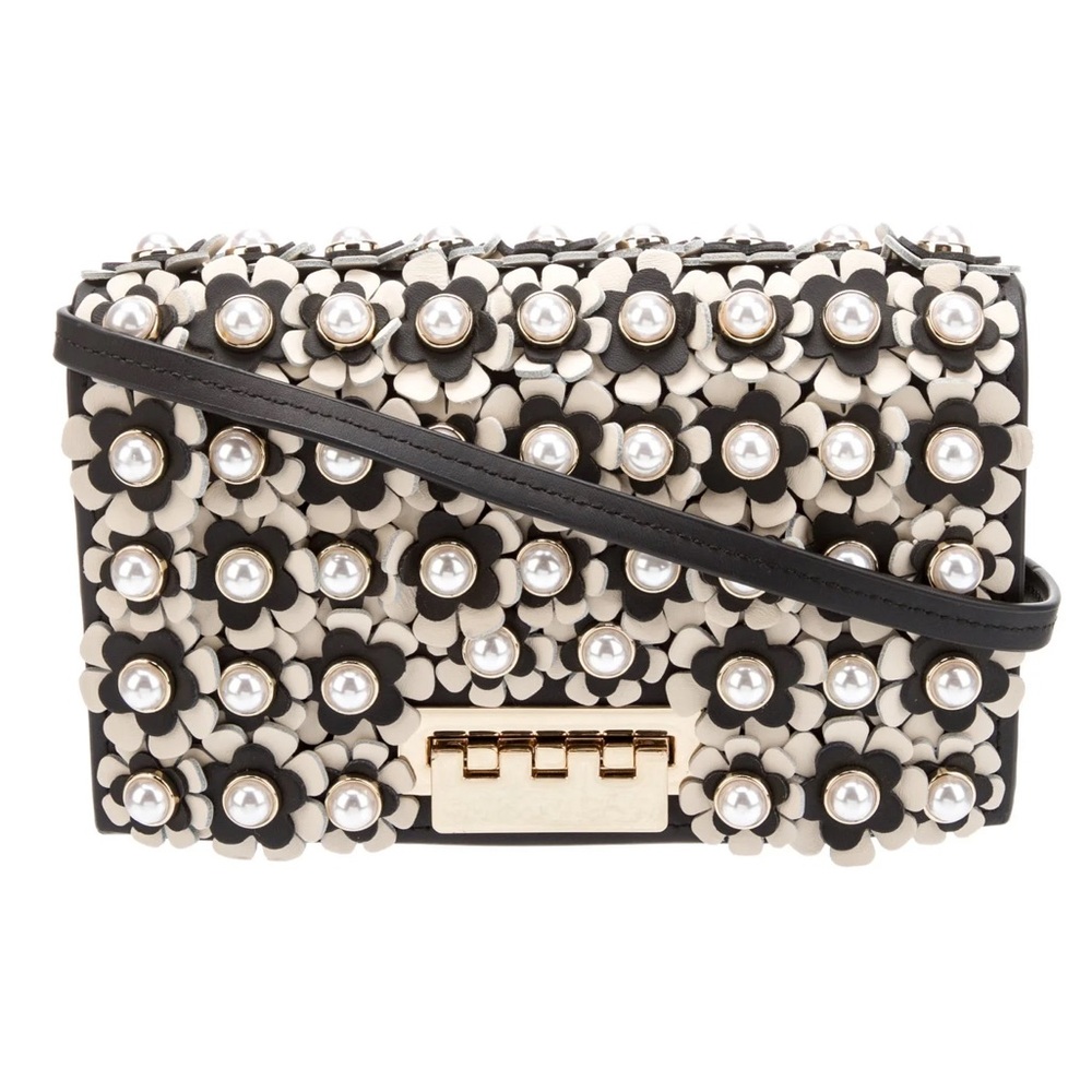 ZAC Zac Posen Black & Cream Floral Pearls Crossbody Bag  8.25” x 4.75”